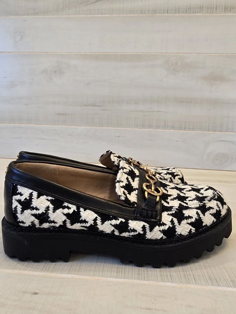 {5.5} Sam Edelman Circus Deana Black White Houndstooth Lug Sole Loafers